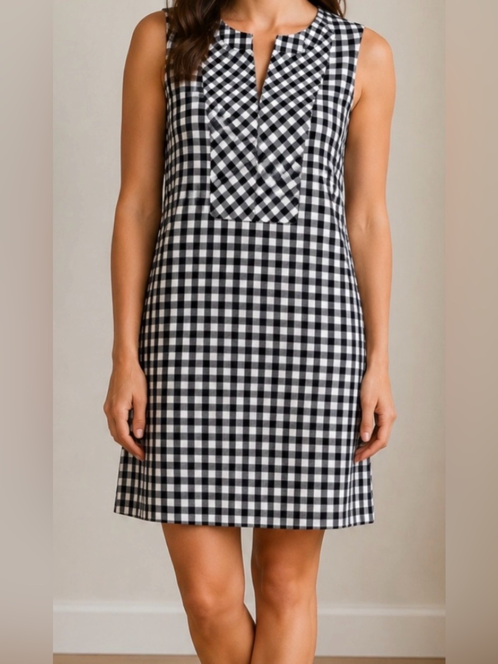 Talbots Women’s size 6P Petite Navy White Gingham Sleeveless Linen Blend Dress